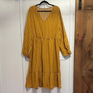 Women's Mustard Long Sleeve V-Neck Tiered Dress
